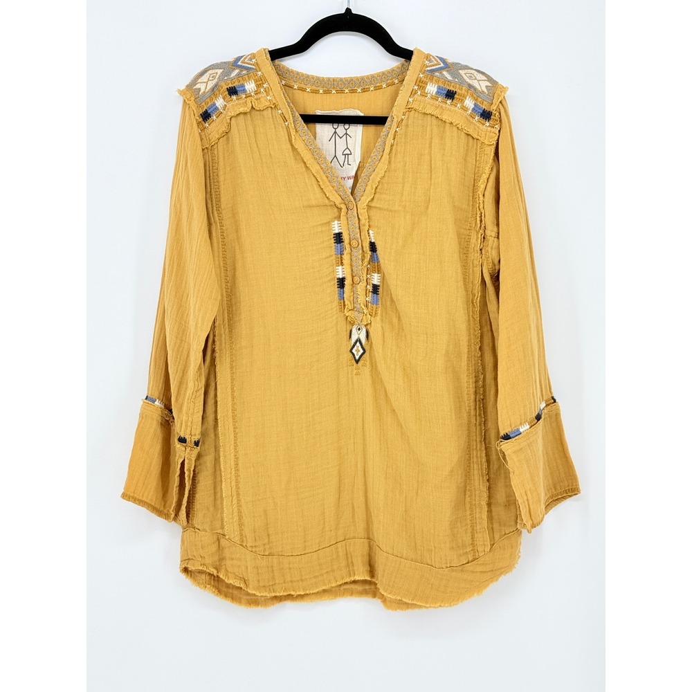 Johnny Was Mustard Yellow Embroidered Gauze Tunic Top XS Boho Tribal Raw Edge